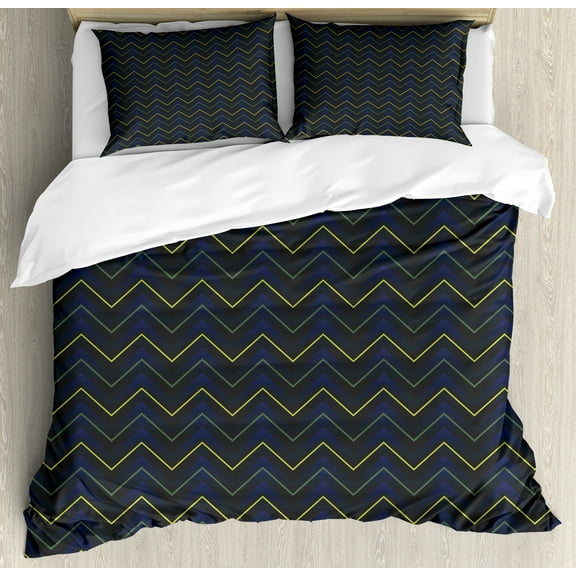 Ambesonne Dark Blue Duvet Cover Set, Chevron Neon Effect, King, Dark Blue Yellow Green