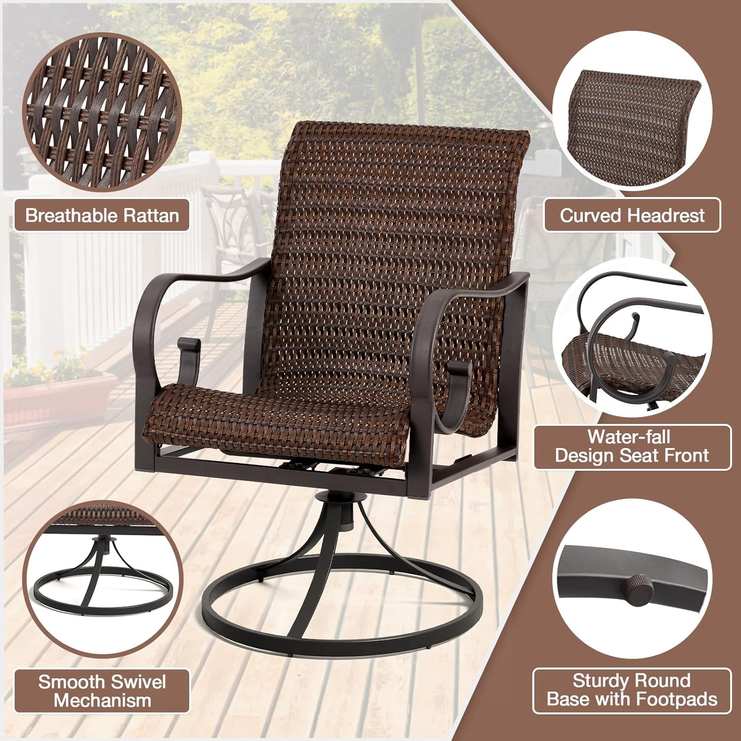 MELLCOM Patio Wicker Swivel Chair Set of 2, Heavy Duty Outdoor Dining Chairs with 23.5'' High Back, Extra-Large Water-Fall Seat, Rattan Porch Chair Gentle Rocker for Outside