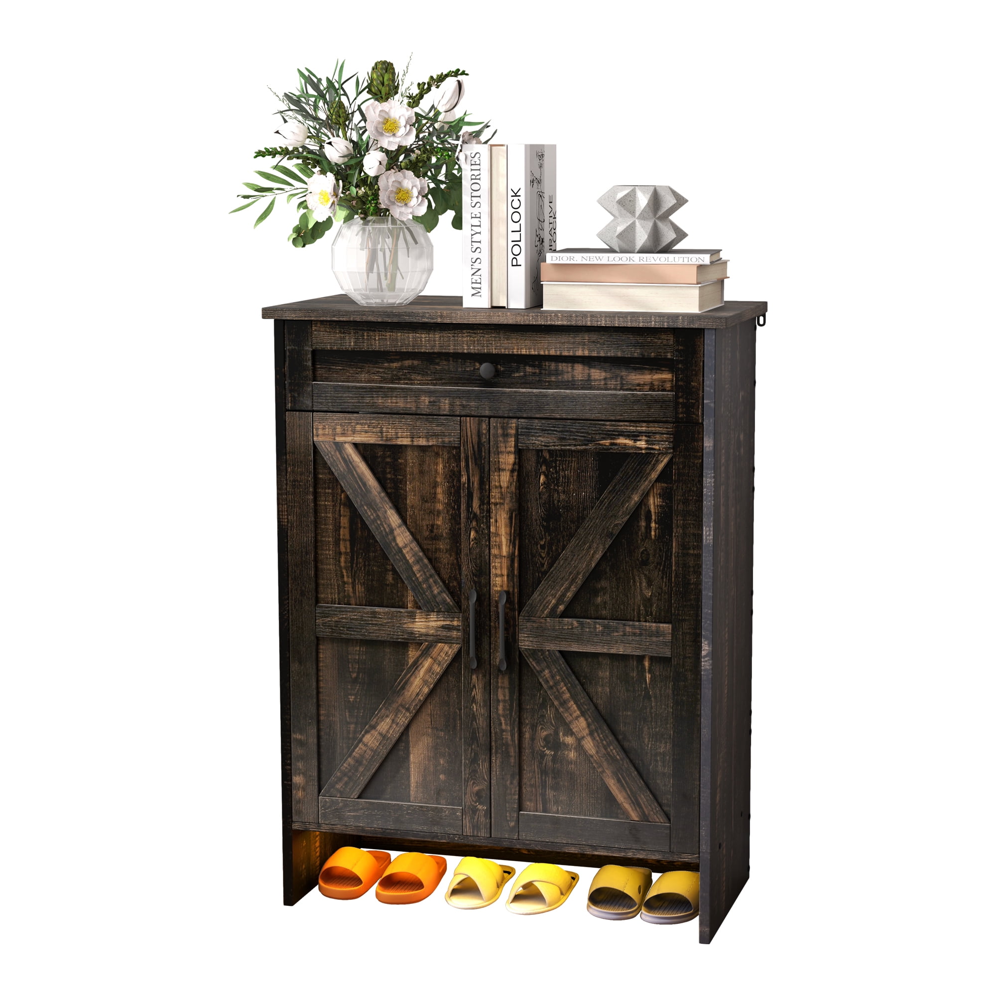 Uforic Farmhouse Narrow Slim 6-Tier Shoe Storage Cabinet with Top Drawer&Sensor Light for 16 Pairs for Entryway, Foyer, Dark Rustic Oak