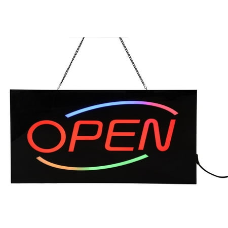 LED Open Sign with Hanging Chain for Window Displays, Red Lettering with Multi-colored Swooshes, Illuminated Business Sign with Simple, On/Off Power Button