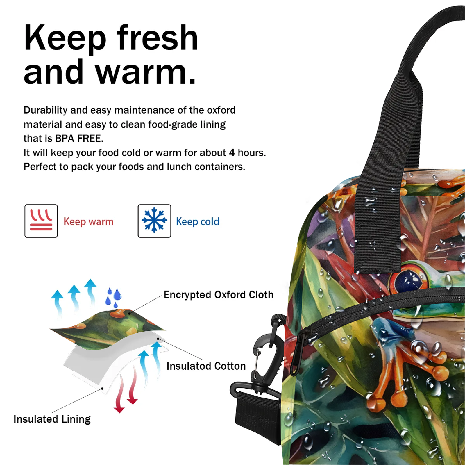 Herdesigns Green Frog Lunch Bag for Men Women Adults Cute Cartoon Frog Insulated Lunch Box Leakproof Cooler Tote Bag Organizer with Adjustable Shoulder Strap