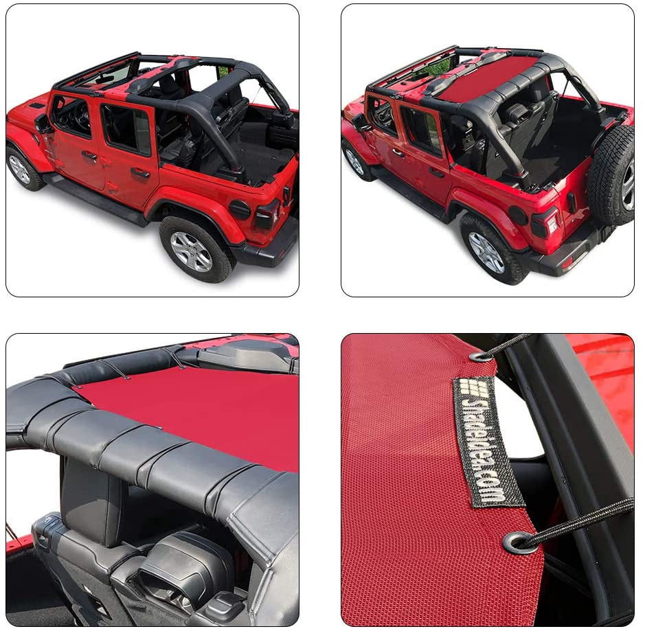 Shadeidea Jeep Wrangler Sunshade JL 4 Door Top Sunshade, JLU ( 2018 - Current) Rear - Cherry Red Mesh Screen Cover, UV Blocker with GrabBag Pouch - 10 Years Warranty