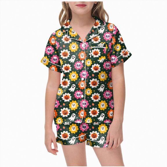 CAUYDY Girls Pajama Sets Halloween Silk Pjs Cute Pumpkin Ghost Graphic Button Down Satin Pajama Set Sleepwear 2 Piece Pajama Sets,6-7 Y