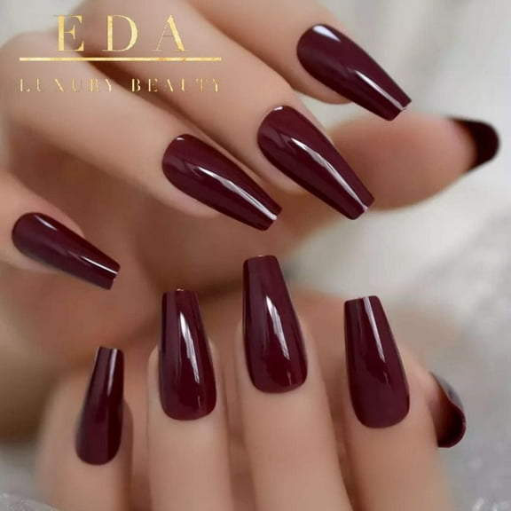 Red Burgundy Press On Nails, Magic Glam Extra Long Tips Coffin Ballerina Glue On Fake Nails Set