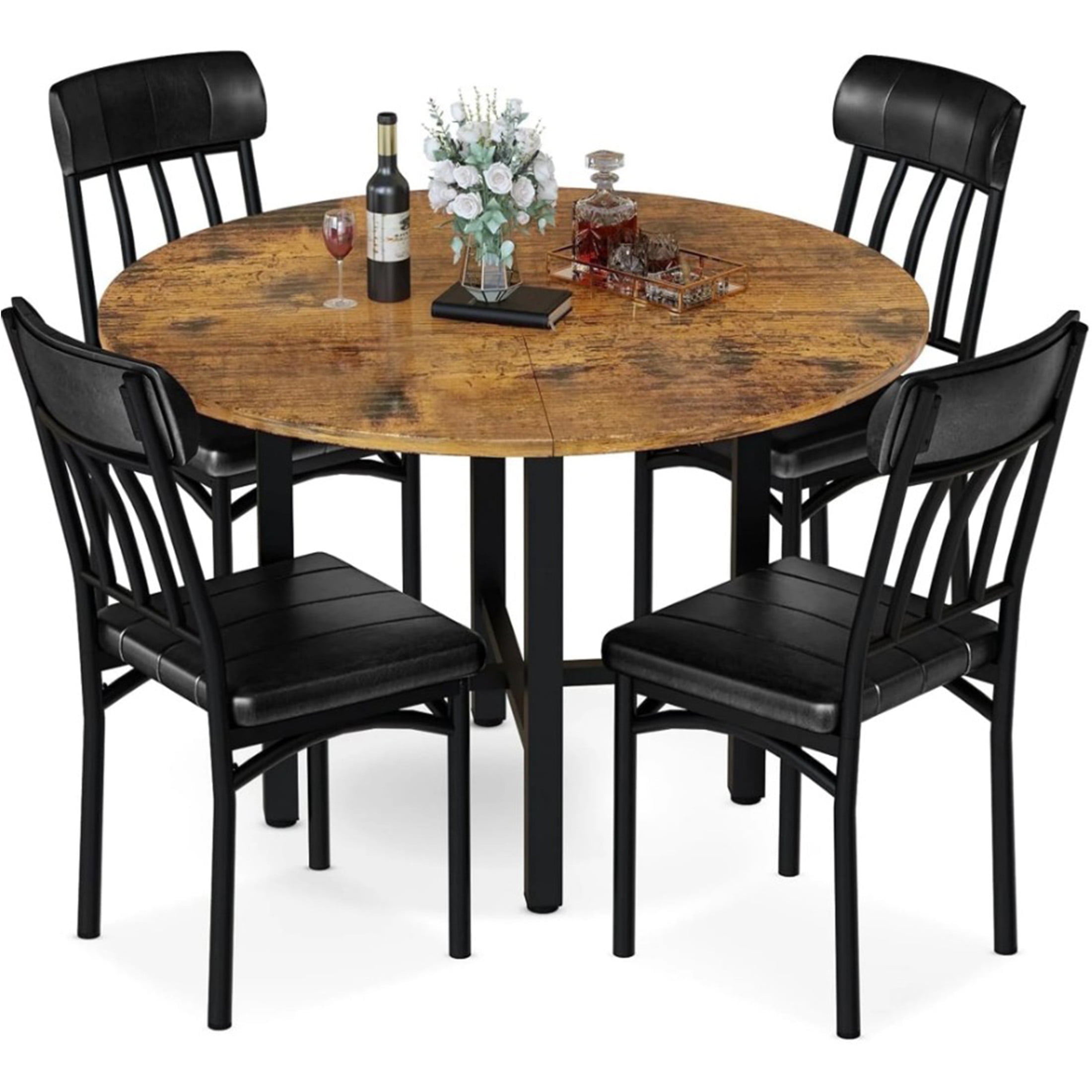 LinkRomat Round Dining Table Set for 4, Modern Dining Room Sets with 4 Faux Leather Chairs, Kitchen Dinner Wooden Table & Chair Set for Small Space, Walnut