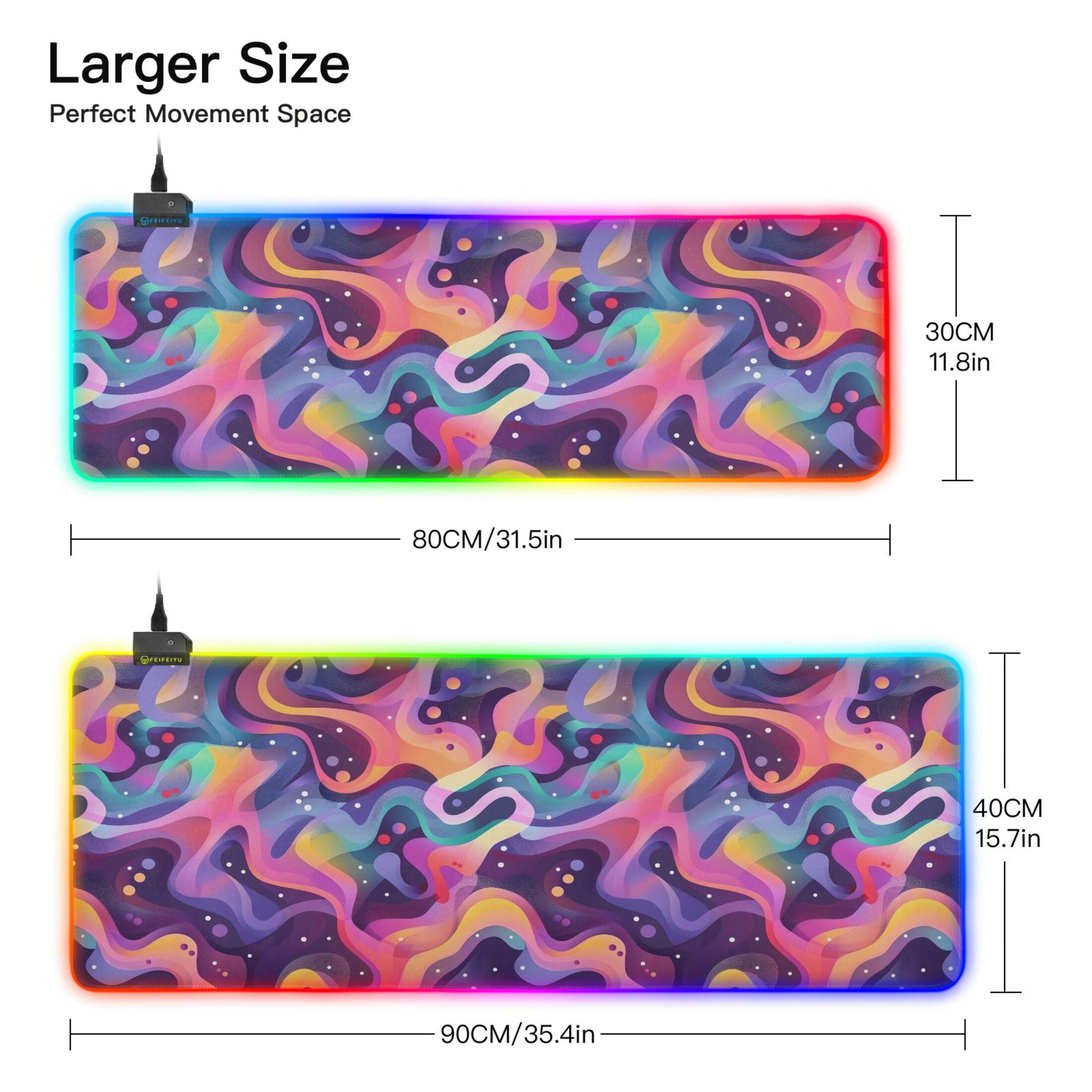 Large RGB Gaming Mouse Pad Led Glowing Mousepad Non-Slip Rubber Base 13 Light Modes 31.5x11.8 Neon Liquid Wave