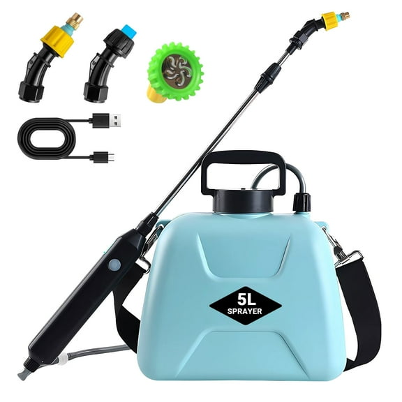 FOUKUS Battery Powered Sprayer: 1.35 Gallon/5L Electric Sprayer with USB Rechargeable Handle, Portable Garden Sprayer with 3 Mist Nozzles and Adjustable Shoulder Strap-Blue