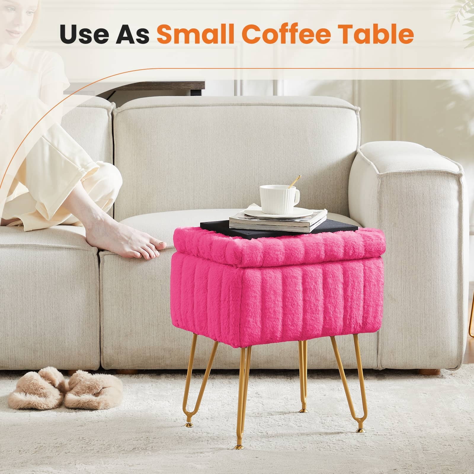 Kelno 18.9" Faux Fur Vanity Stool with Hidden Storage Soft Padded Ottoman Footrest with Metal Legs Antislip Adjustable Feet, Rose Red