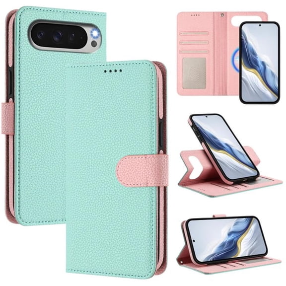 For Google Pixel 10 Pro XL RFID Blocking Protective Purse 2-in-1 Detachable Bicolor Wallet Case Magnetic Flip Cover Multi-Card Slots Pocket With Wrist Strap Phone Case,Green,For Pixel 10 Pro XL