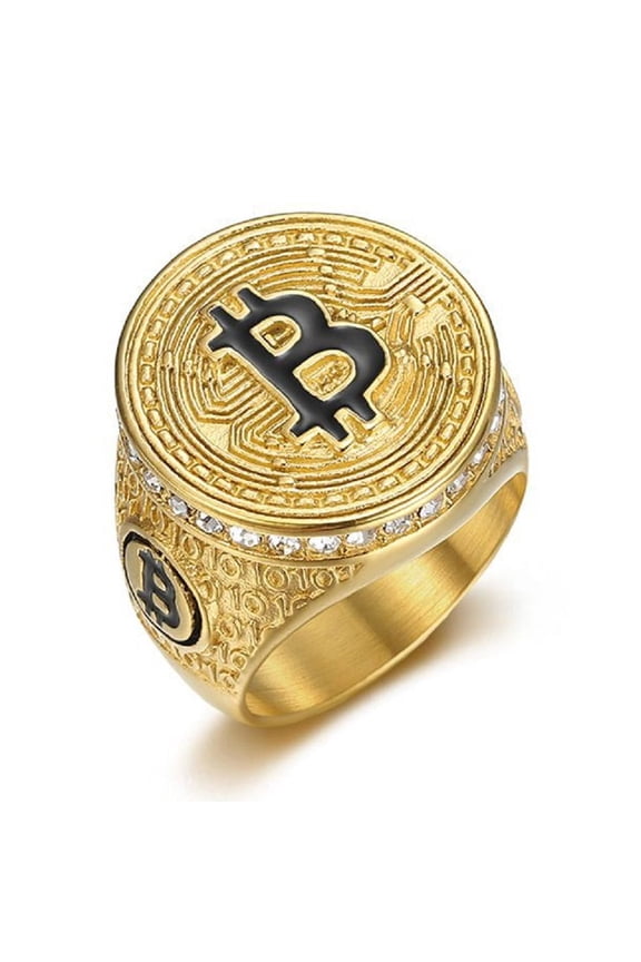 Bitcoin Sign Ring, Bling Money Sign Ring for Men, Gold Bit Coin Symbol Ring Iced Out Bitcoin Jewelry, Gold Money Luck Sign Ring Rock Money Symbol Ring Punk Initial Letter Ring