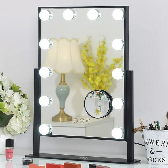FENCHILIN Lighted Makeup Mirror Hollywood Mirror Vanity Makeup Mirror with Light Smart Touch Control 3Colors Dimable Light Detachable 10X Magnification 360?Rotation(Black)