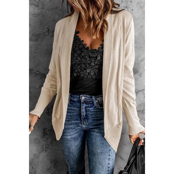 ABPHQTO Cárdigan abierto de manga larga supersuave color albaricoque para mujer