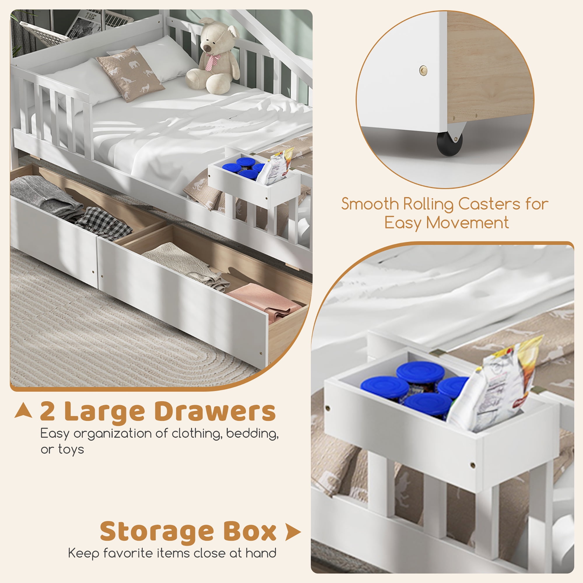 Gymax Twin House Bed w/ 2 Storage Drawers Roof & Fence Rails Headboard & Footboard