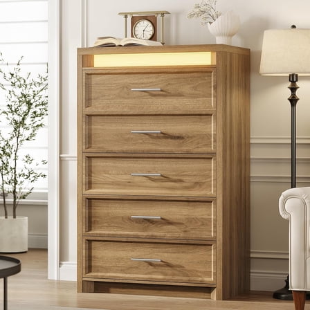 Dresser for Bedroom with 5 Drawer Chests of Drawers, 44.5” Tall Wood Mid-Century Modern Dresser with 3 Color Lights for Bedroom, Brown