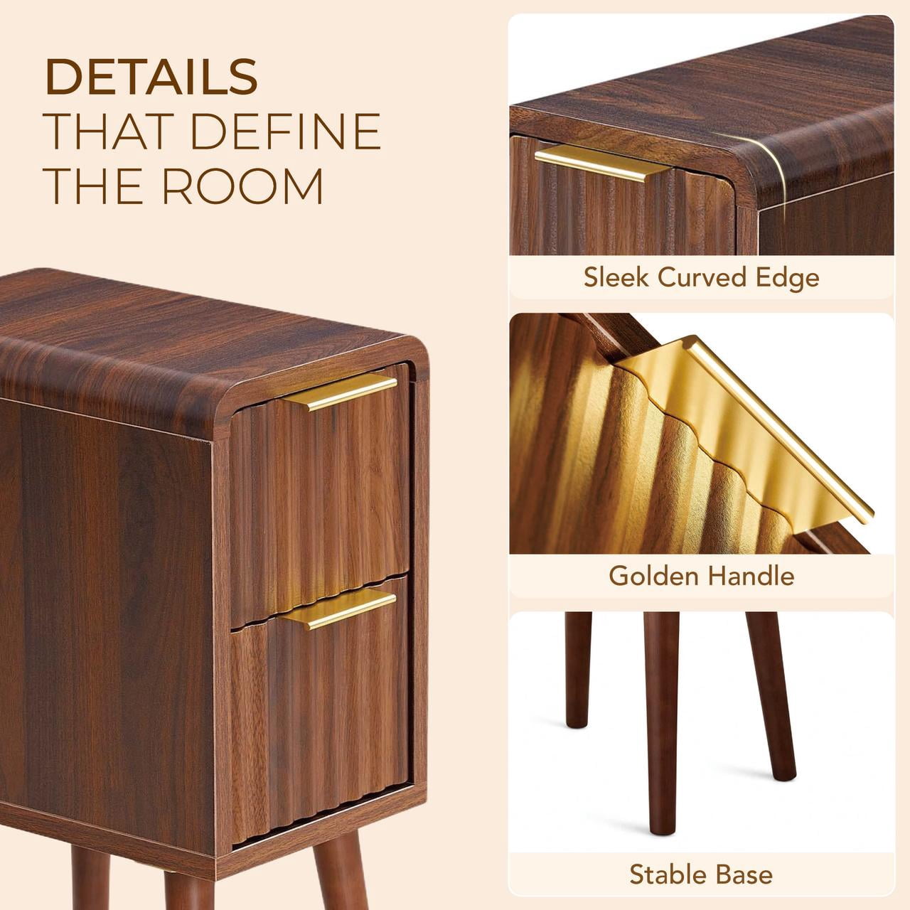 Spruce & Spring Mid-Century Modern Fluted Narrow Nightstands with 2 Drawers & Gold Handles for Bedroom, End Table for Small Spaces, Walnut