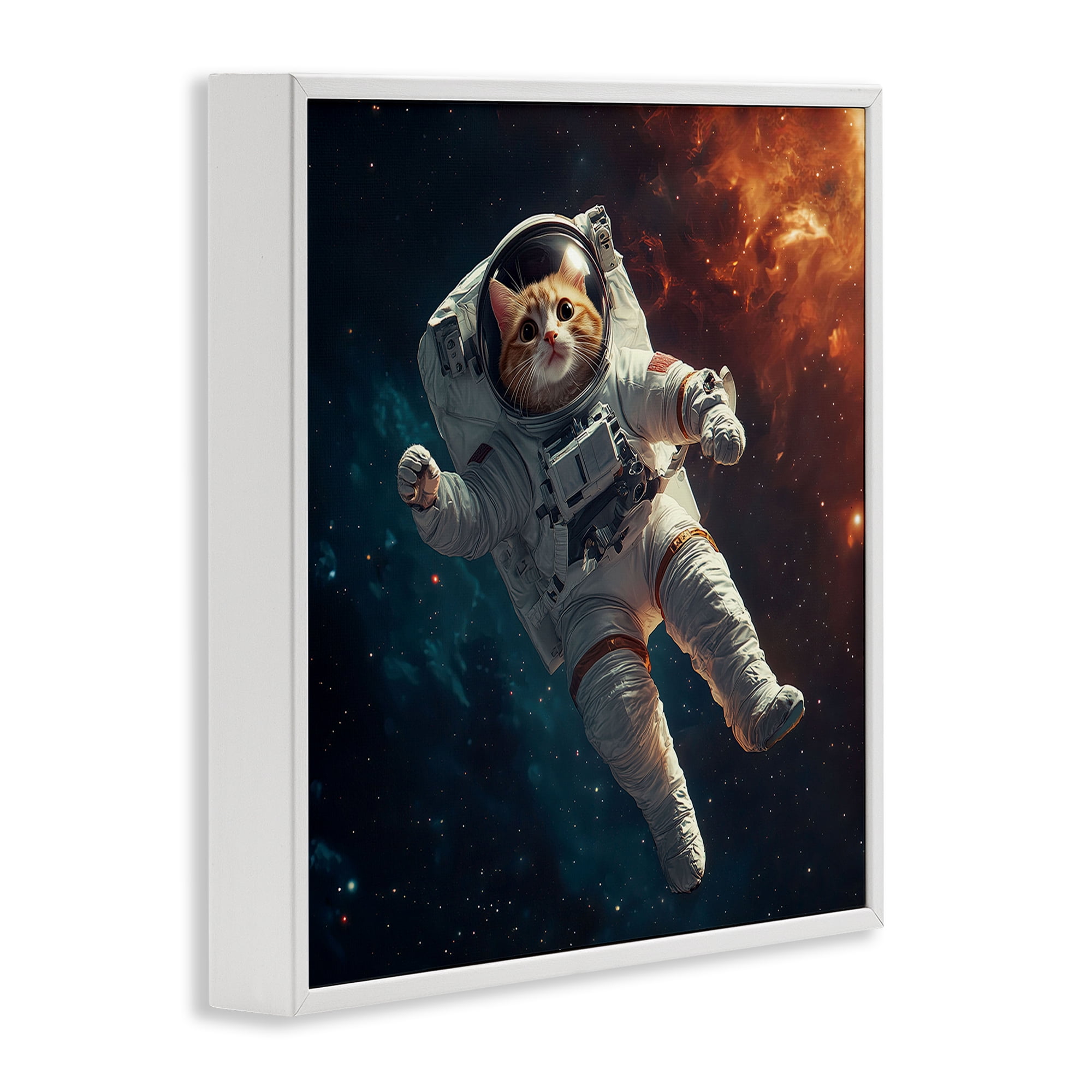 Interstellar Cat Astronaut White Framed Giclee Art, design by Jim Baldwin
