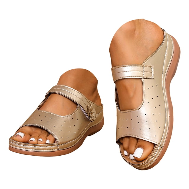Slip On Wedge Sandals for Women Comfortable Open Toe Mules Adjustable Walking Platform Slides for Summer Travel Gold Size 7.5