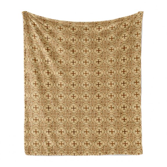Earth Tones Soft Flannel Fleece Throw Blanket, Old Fashioned Damask Style Curved Floral Shapes Classical Grunge Motif, Cozy Plush for Indoor and Outdoor Use, 50" x 60", Beige and Brown, by Ambesonne