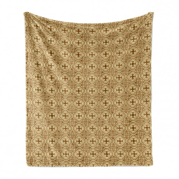 Earth Tones Soft Flannel Fleece Throw Blanket, Old Fashioned Damask Style Curved Floral Shapes Classical Grunge Motif, Cozy Plush for Indoor and Outdoor Use, 50" x 60", Beige and Brown, by Ambesonne