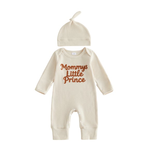 BemeyourBBs Newborn Baby Boys Spring Fall Winter Clothes Baby Boy Mommys Little Prince Mama's Little Man Outfit Waffle Knit Romper Letter Embroidery Long Sleeve One Piece Jumpsuit and Hat Set