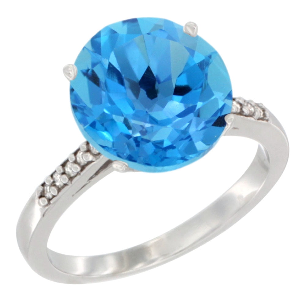 10K White Gold Natural Swiss Blue Topaz Ring Round 10mm Diamond accent, sizes 5 10 by WorldJewels