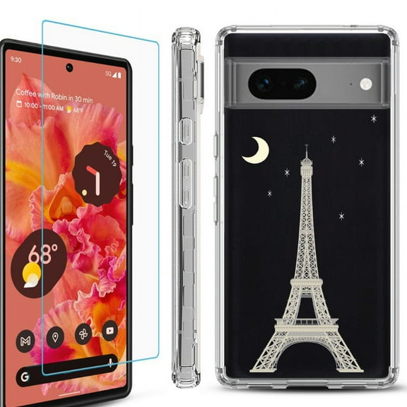 OneToughShield ® Compatible with Google Pixel 8, Shockproof Phone Case, with Tempered Glass Screen Protector - Eiffel Tower Moon