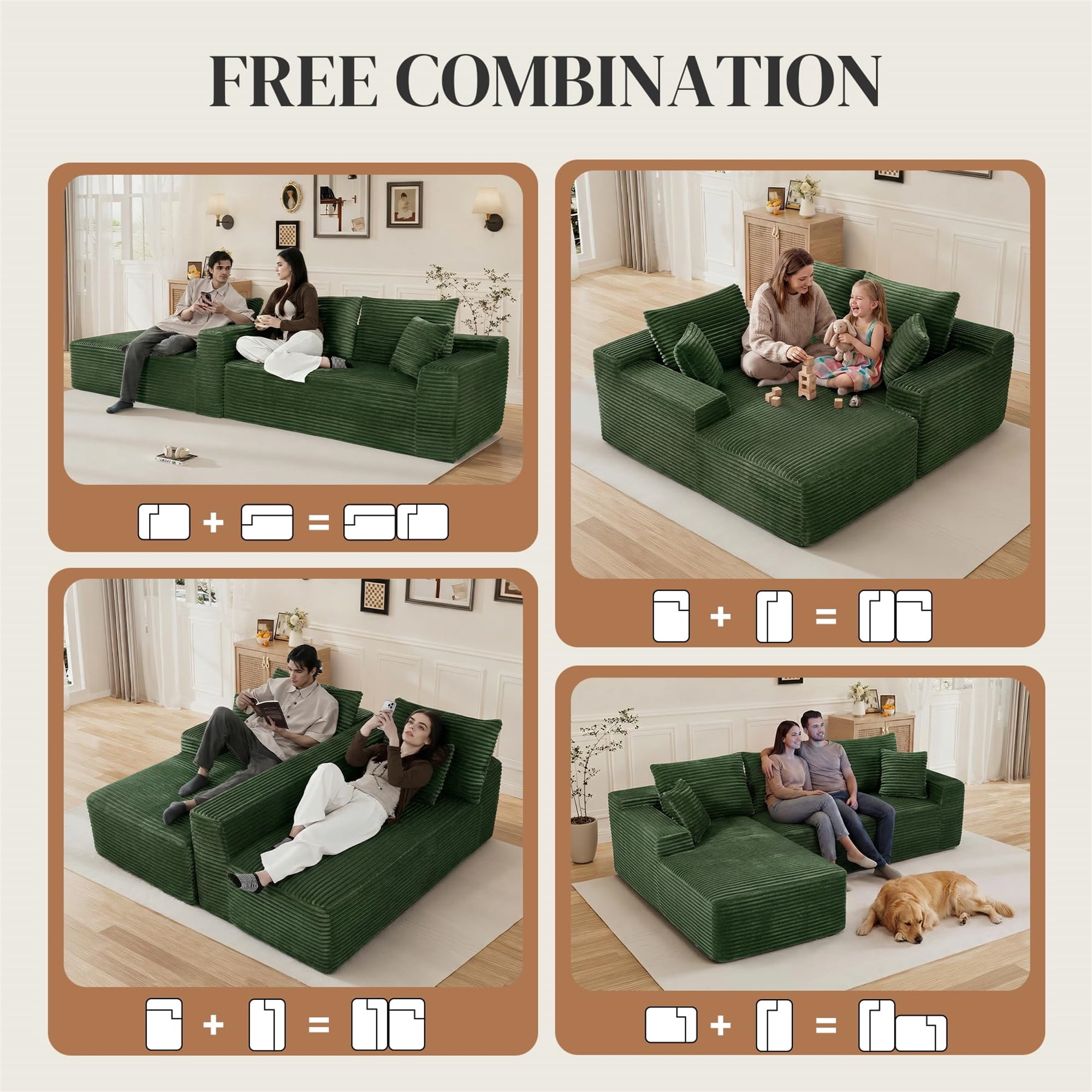 Aukfa 108" Cloud Sectional Sofa Deep Seat Boneless Couch Modular L-Shaped Couch, Left Chaise Corduroy Sofa for Living Room, Green