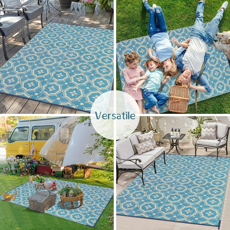 DEORAB 5x8 Outdoor Rug Waterproof, Reversible Mats, Outdoor Area Rug,  Plastic Outside Carpet, Geometric Rv Mat for Patio,Camping, blue&white 