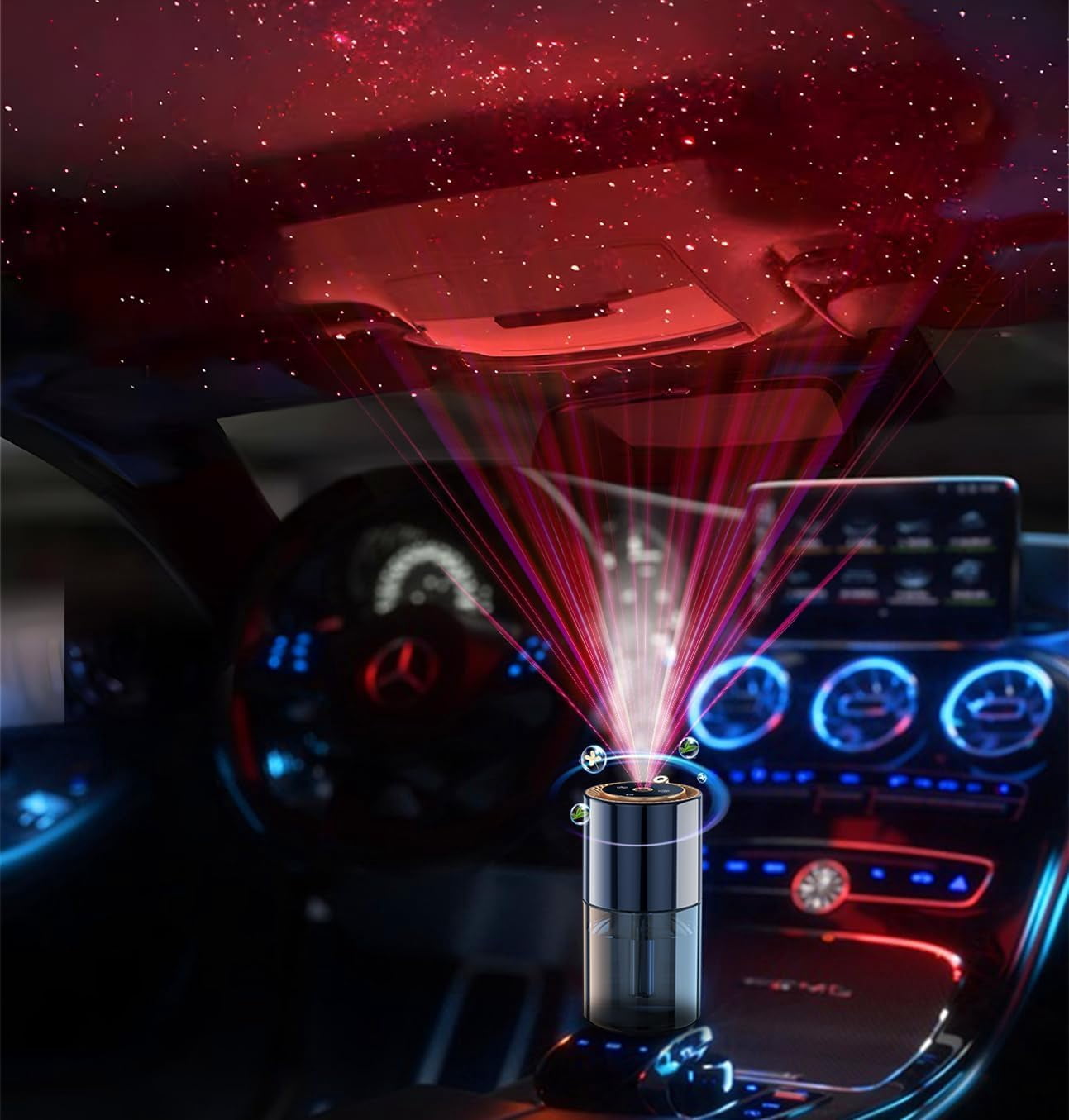 Car Diffuser,Smart Car Air Freshener, Essential Oils Atomizer,Mini Humidifier,Car Diffuser with Star Projector and Flame Ambient Mood Light,3 Mode Adjustable Auto On/Off