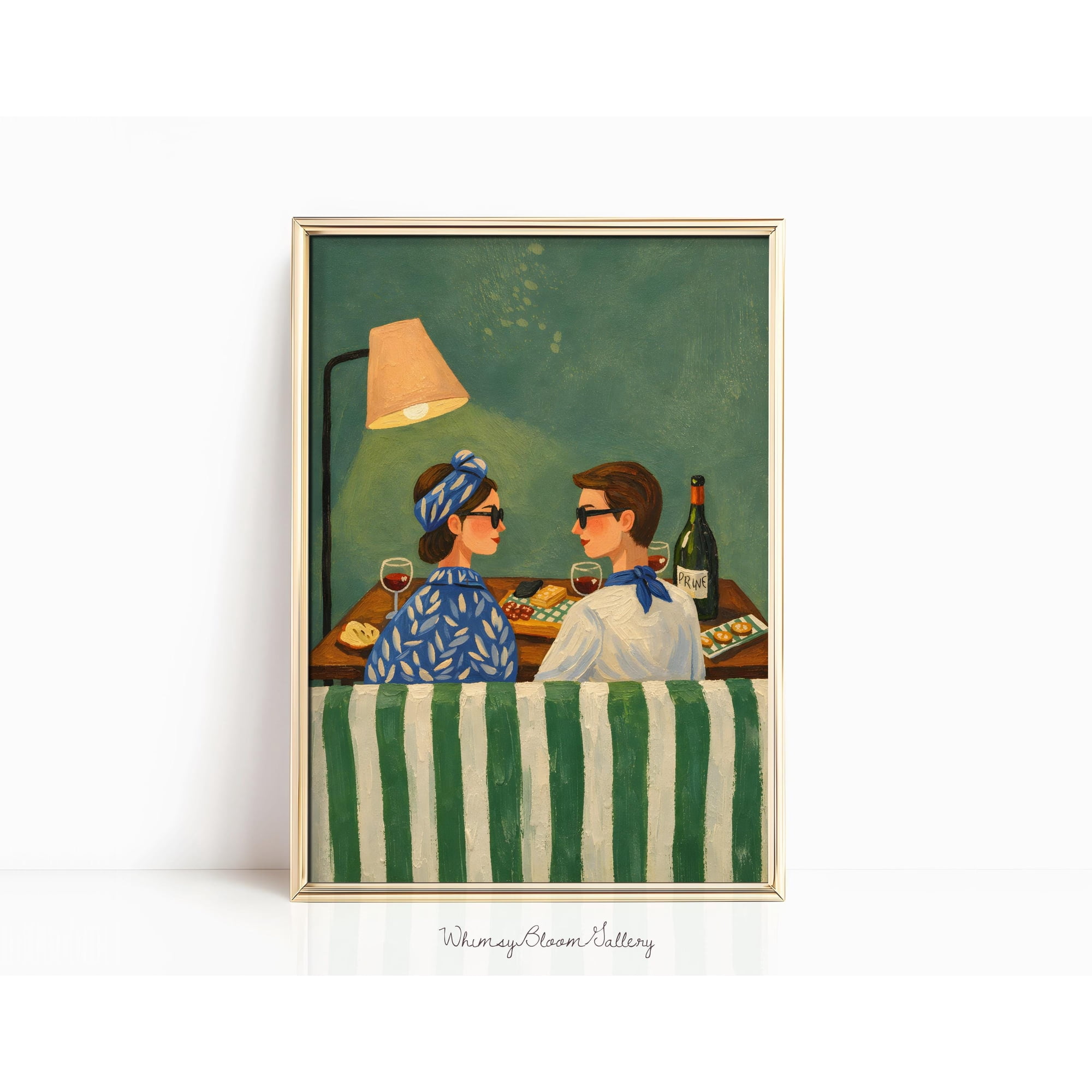 Emerald Green Couple Wine Dining Print Cosy Bedroom Art Abstract Lovers Paint Funny Kitchen Bar Cart Decor Print