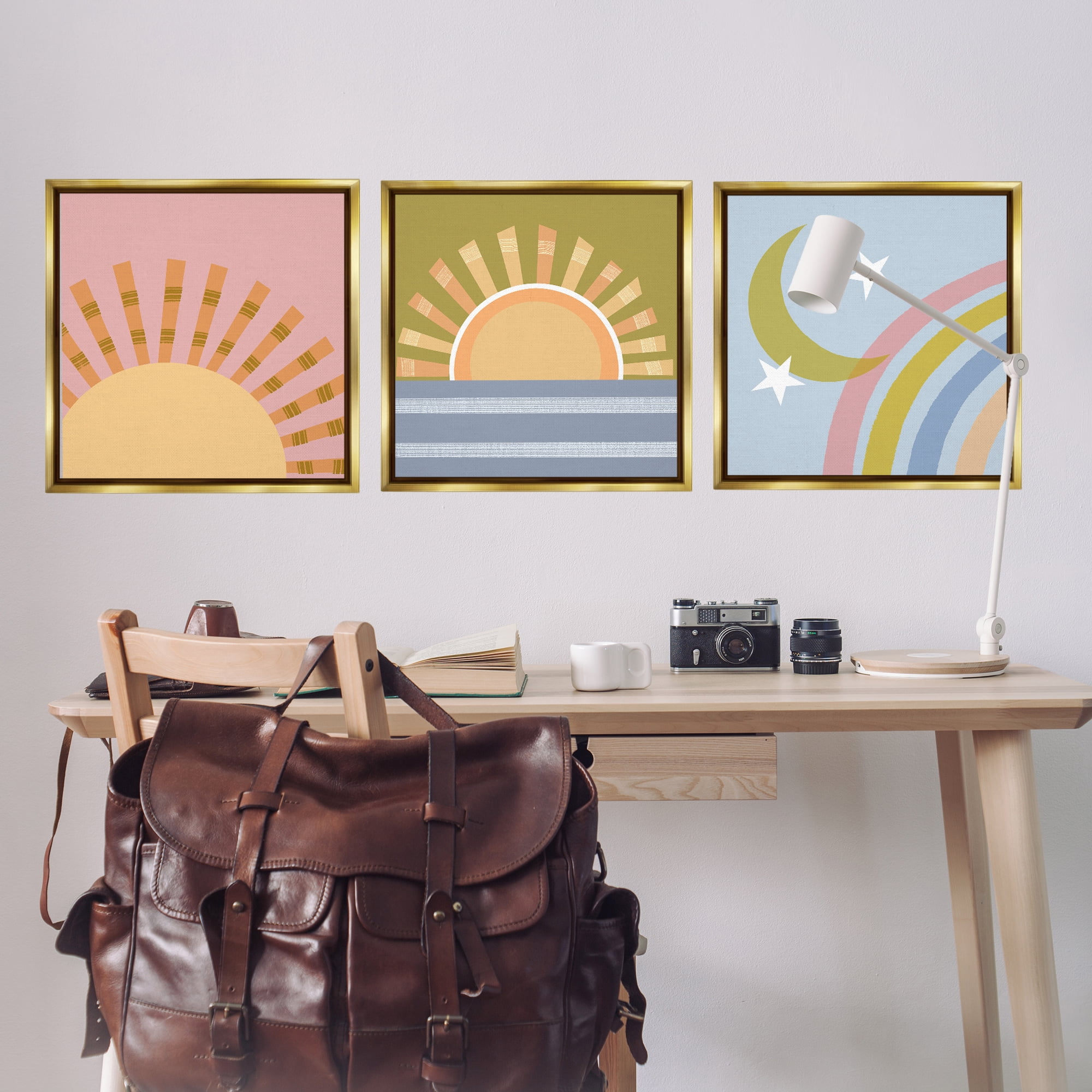 Stupell Industries Rising Sun & Moon Landscape & Nature Painting Gold Floater Framed Canvas Art Print Wall Art, 25 x 25, Set of 3