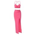 thumbnail image 3 of VISgogo Conjunto de 2 piezas de verano para mujer, blusas cortas con tiras y cuello cruzado de color sólido + conjunto de falda a media pierna con abertura en el muslo, S/M/L VISgogo  moda, 3 of 9