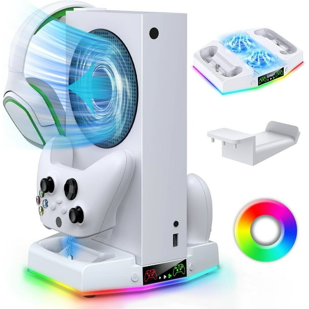 Base con ventilador de refrigeración para Xbox Series S con base de carga para mando y sistema de refrigeración para consola con luces RGB y gancho para auriculares, accesorios para Xbox Series S