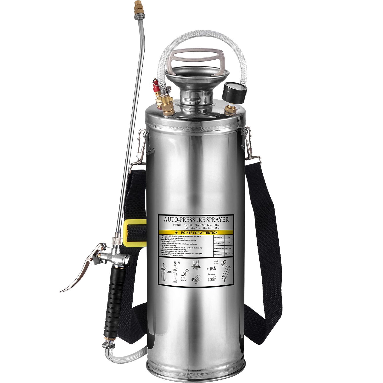 3 Gallon Stainless Steel Sprayer, 1.5-4.0 Bar Pressure, Adjustable Brass Nozzle, Pressure Gauge, Shoulder Strap for Garden Cleaning