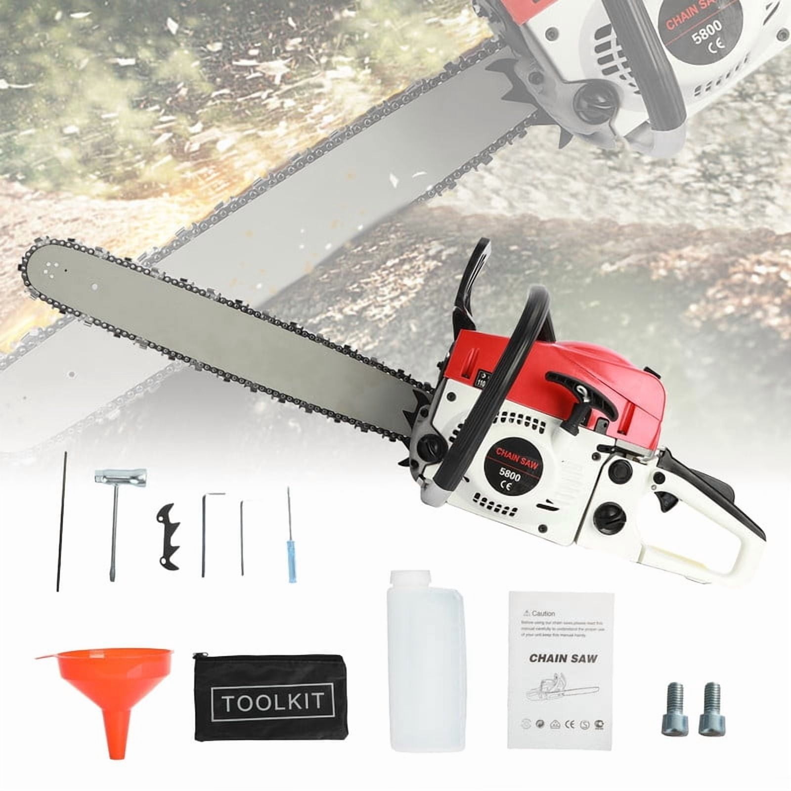 YNCE 58CC 20 Inch 2-Cycle Gas Powered Chainsaw, 13000r/min 3.2 HP Chainsaw Gas Powered, Low Kickback, Anti-Vibration, Protective Design for Tree Wood Cutting(Red)