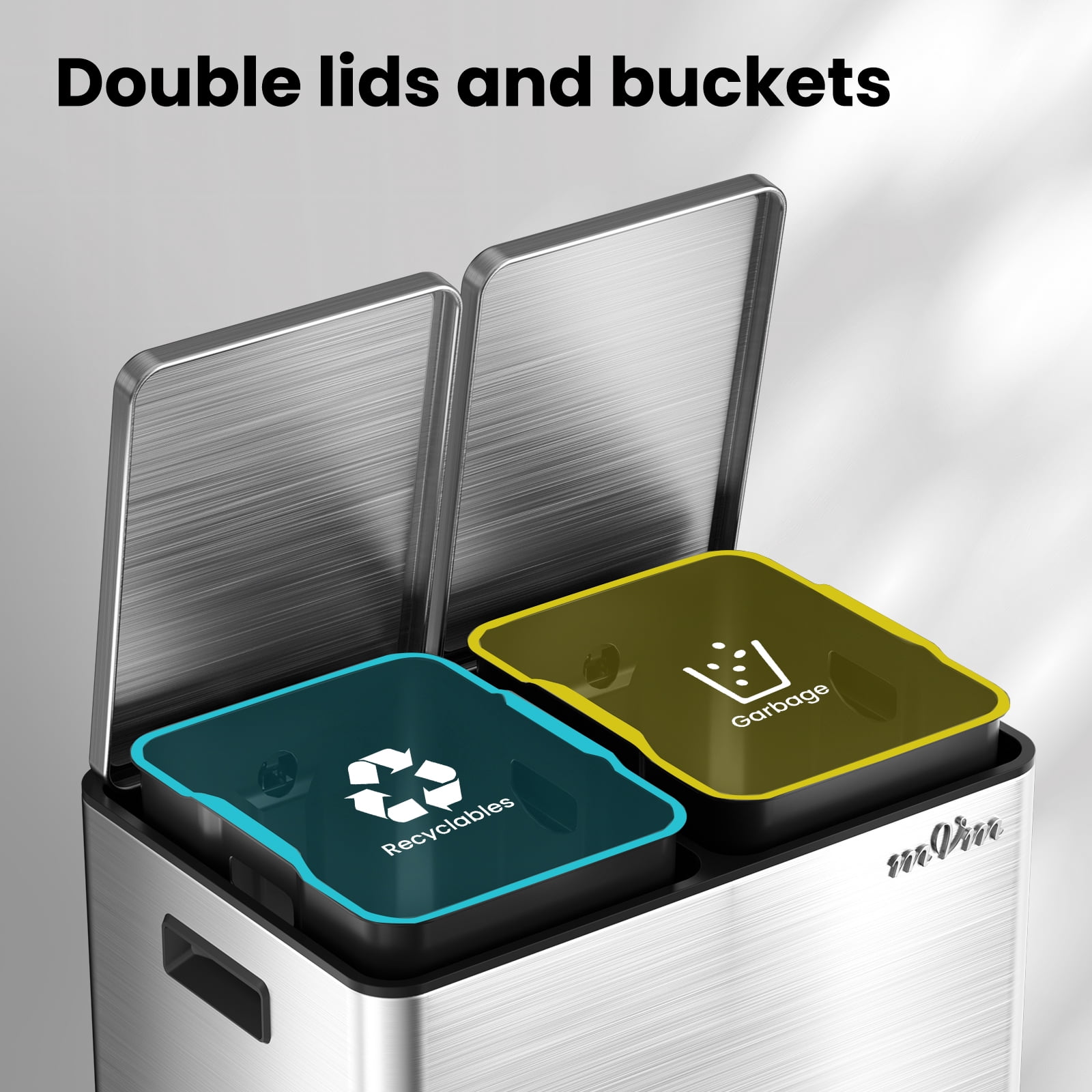 mVm 16 Gal Dual Trash Can, 2 Compartment Kitchen Trash Can with Lid, Modern Office Garbage Bin(Silver)