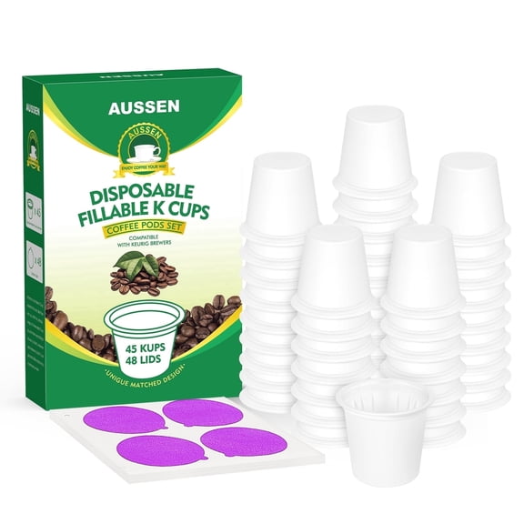 45 Count Disposable Fillable Empty K Cups Coffee Pods Set,Make Your Own K Cup Coffee Pods, Aluminum Foil Seals Lids Kit Compatible with All Coffee Brewers 1.0 & 2.0