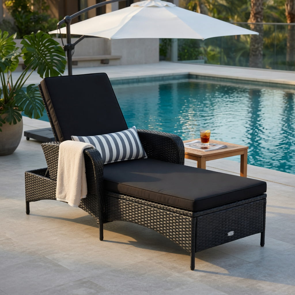 Hommoo Adjustable Outdoor Wicker Chaise Lounge Chair with Weather-Resistant Cushion & Lumbar Pillow, Steel Frame, Black