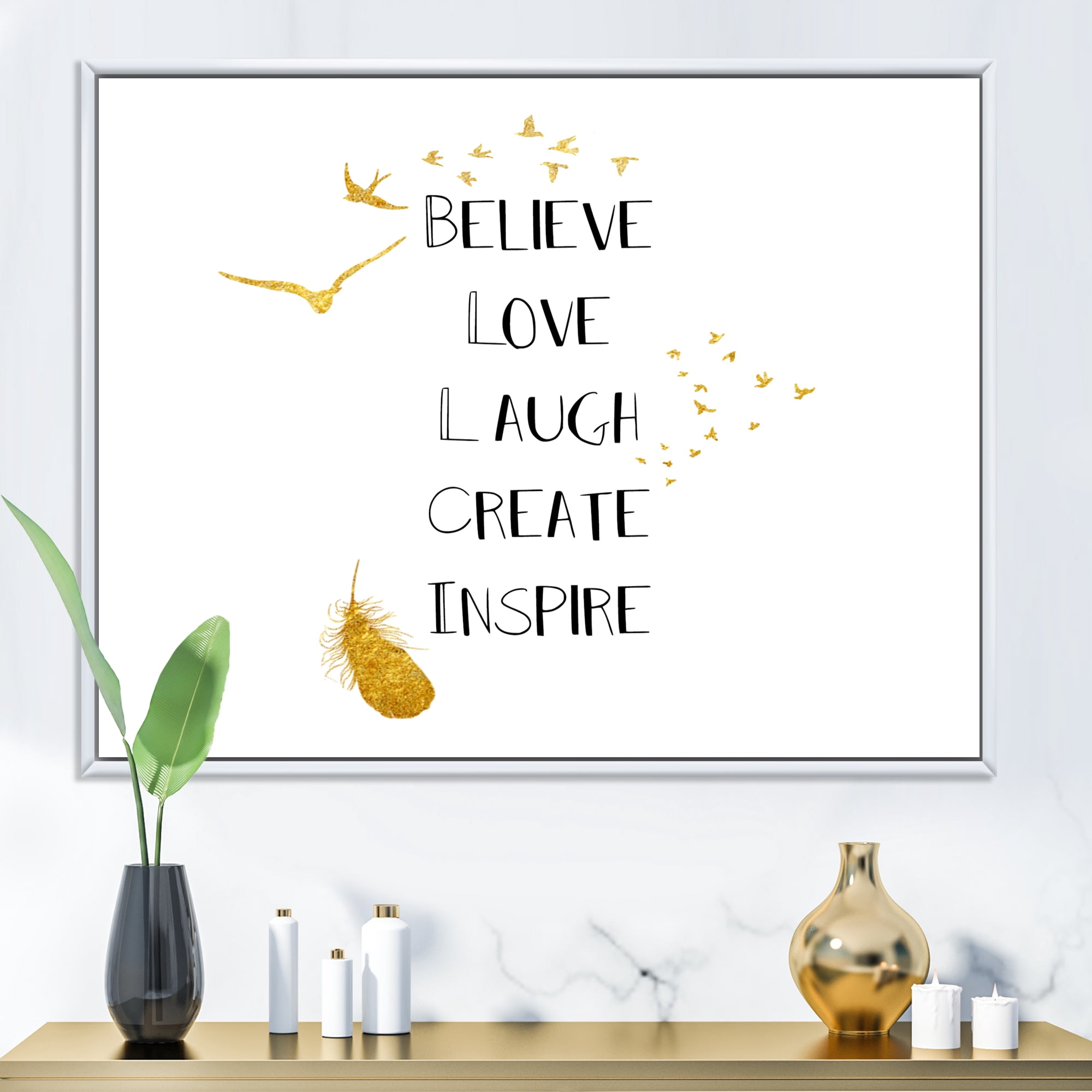 Designart 'Inspirational Quote On Gold and White' Traditional Framed Canvas Wall Art Print