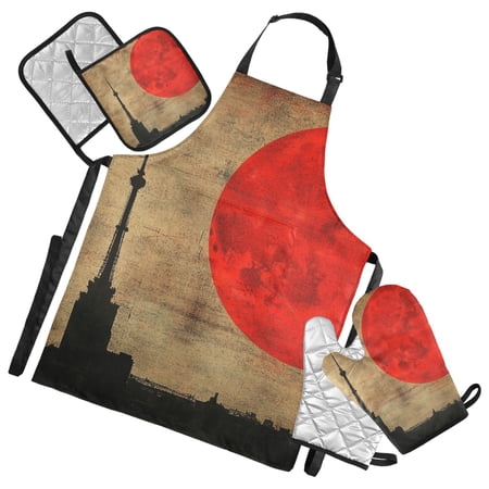 Red Sun and City 5 Pcs Kitchen Set Heat Resistant Oven Mitts and Non-Slip Pot Holders with Adjustable Cooking Apron