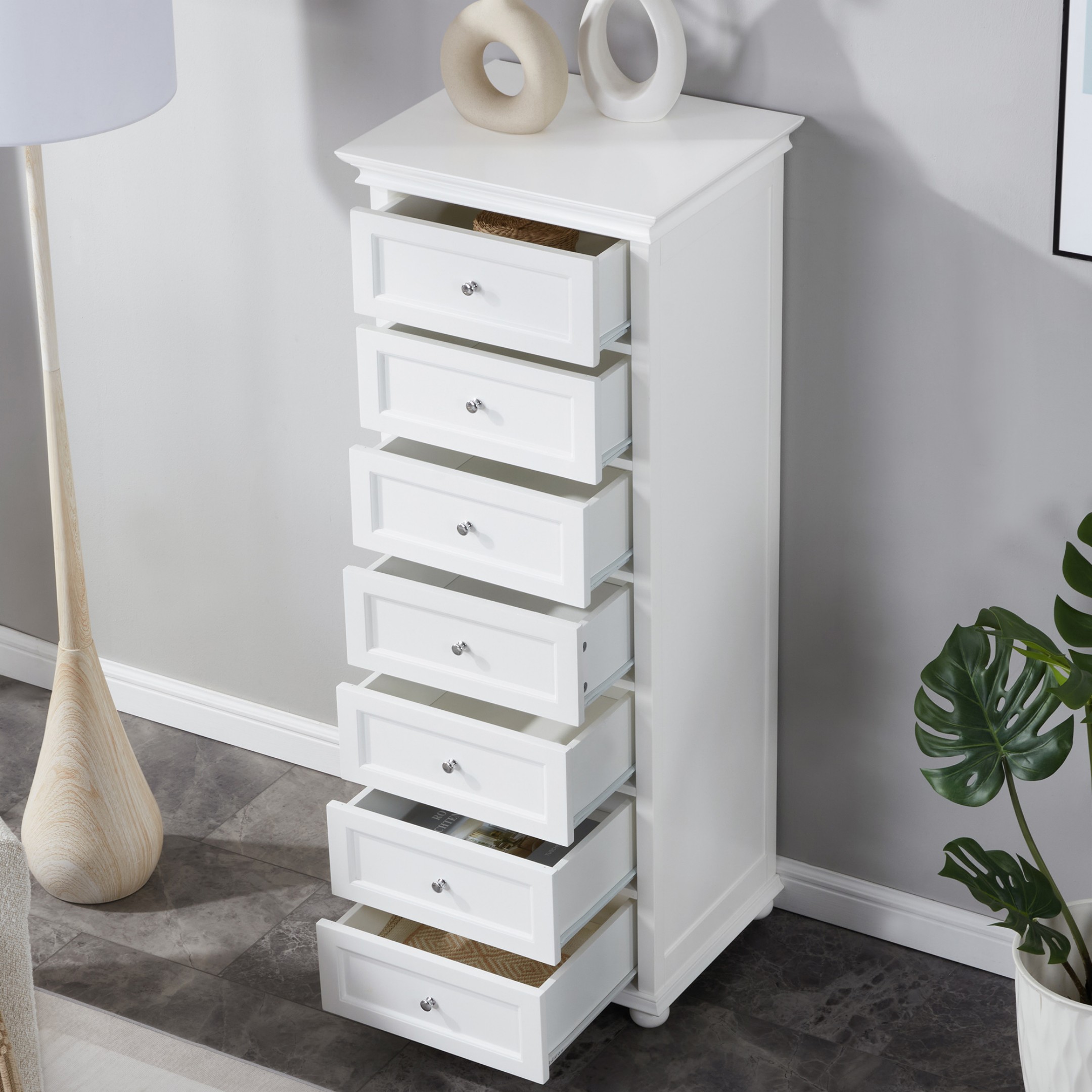 BOUQUETYZ Tall Skinny White Dresser with 7-Drawer, Tall Narrow Chest of Drawers for Bedroom, Solid Wood Legs & Silent Metal Glides, 52" H