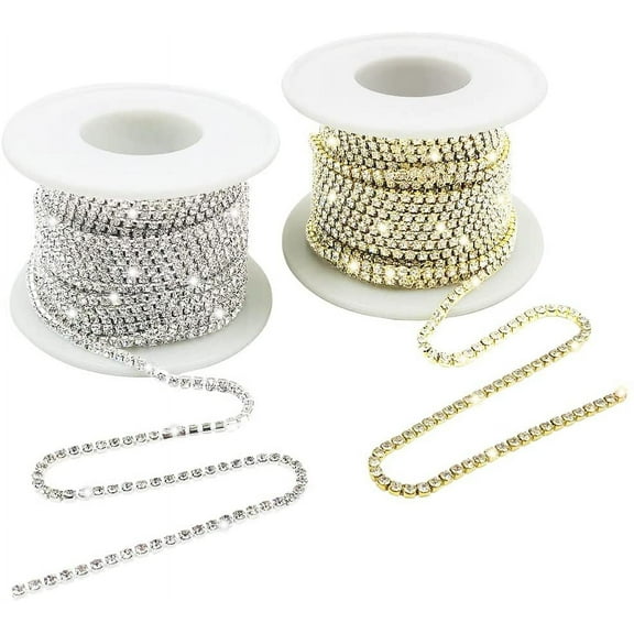 2 Rolls 2MM Crystal Rhinestone Close Chain Trim, DaKuan Crystal Rhinestones Close Chain for Crafts Sewing DIY Jewelry Decoration (Silver, Gold), 11 Yards Each Roll/ 22 Yards Total