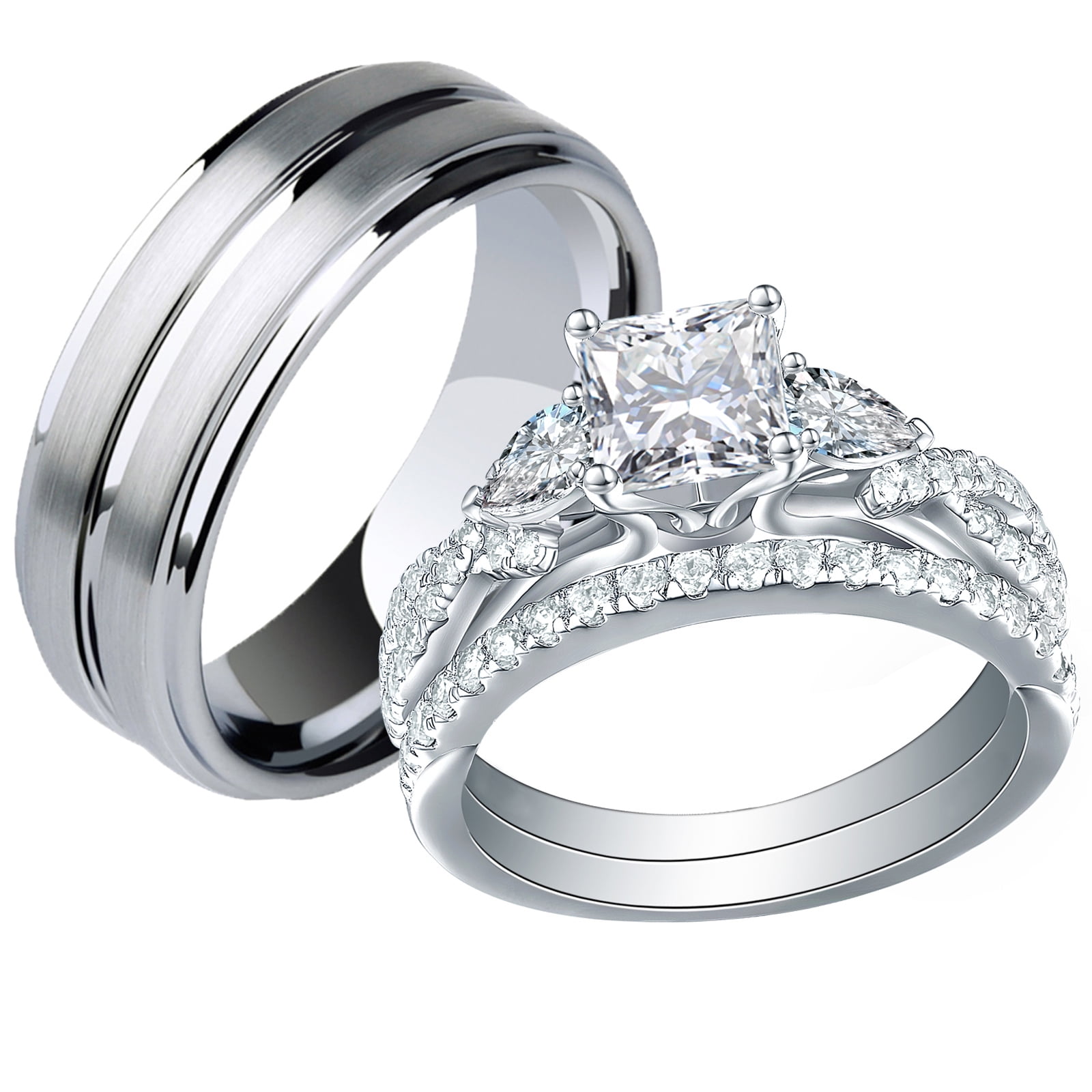 Newshe Jewellery Wedding Rings Set for Him and Her AAAAA Cz Women Mens Tungsten Wedding Bands Promise Couples Rings Size 11&10