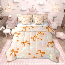 Homewish Girly Bow Bedding Comforter Set 7-Piece for Kids, Kawaii Bowtie Bowknot King Bedding Sets, Princess Ribbon Bed Sheets, Super Cozy Room Decor