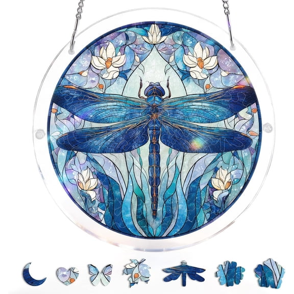 83 Pieces Acrylic Puzzle Suncatcher, Moonlit Dragonfly DIY Window Hanging Decor, 7.9 in Round Stained Glass Inspired Home and Garden Accent