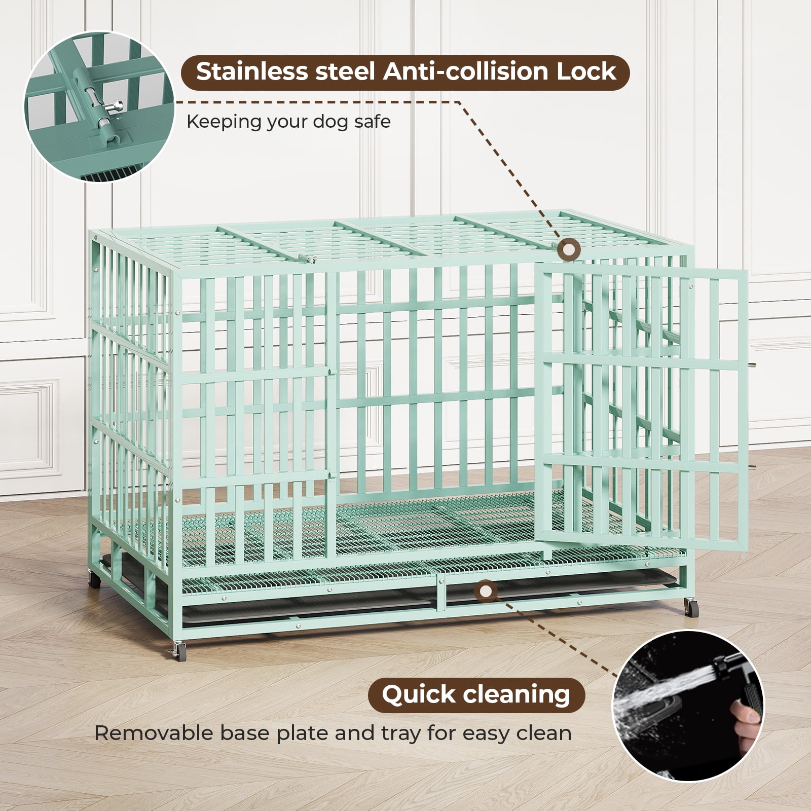 TIME RAY 48" Dog Crate, Heavy Duty Dog Crate Cage for Outdoor and Indoor with Removable Tray,Green