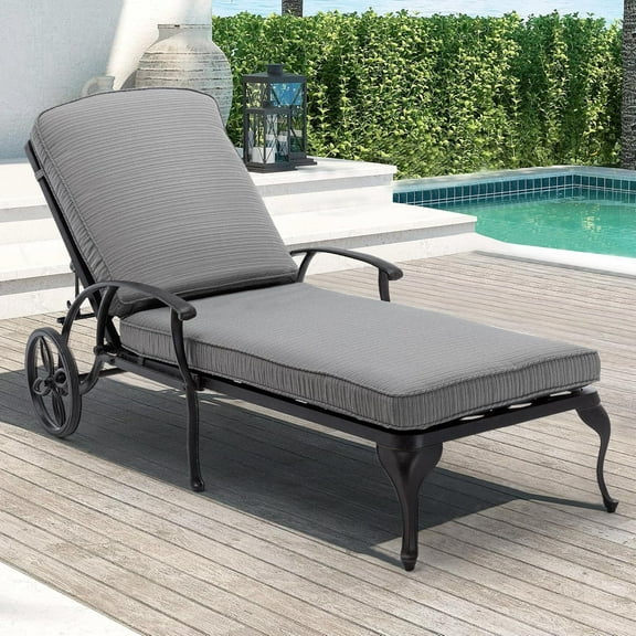 Villeston Outdoor Recliner, Cast Aluminum,with Wheels and Adjustable, Gray Cushion