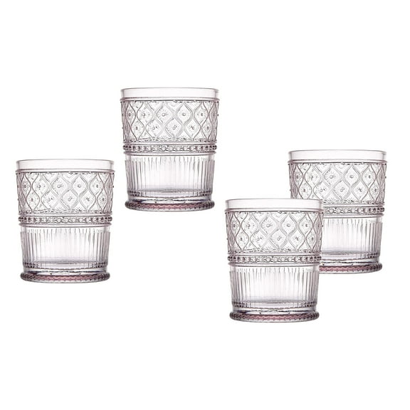 Godinger Old Fashioned Whiskey Glasses, Drinking Glasses, Vintage Decor, Glass Cups, Water Glasses, Cocktail Glasses - Claro Collection, 12oz, Pink, Set of 4