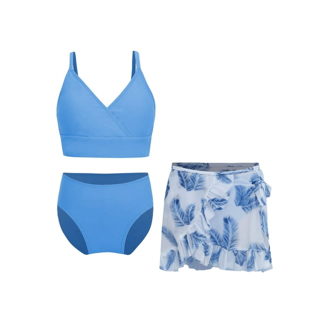 Hansber Kids Girls 3Pcs Rash Guard Tropical Print Cover Up Swimsuit Swim Tank Top and Brief Set Bathing Suit Dusty Blue 13Y