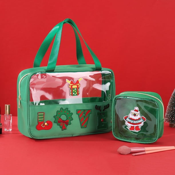 Pisexur Belleza Maquillaje Neceser de maquillaje transparente navideño - Organizador de artículos de tocador de viaje con bordado de Papá Noel y árbol festivopara mujeres y hombres